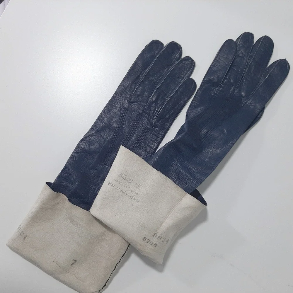 Vintage Kislav Kid Leather Navy Gloves Made in France Sz 7 Opera Length '50's